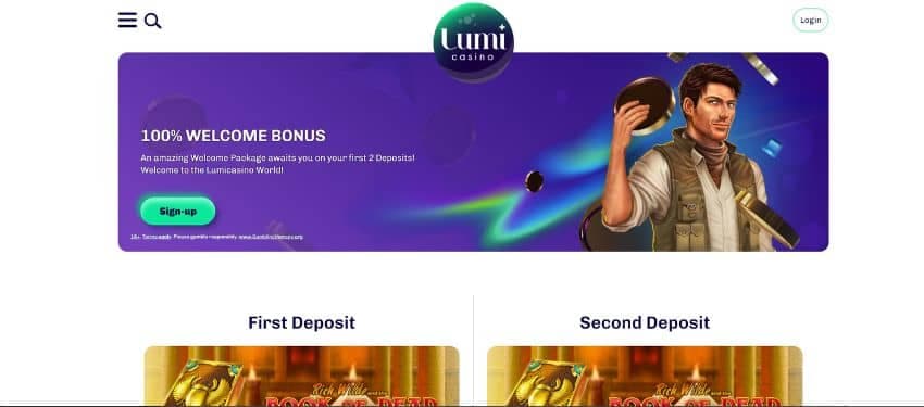 Lumi Casino welcome bonus page showing an animated man holding gold coins and the 100% deposit bonus text boldly written on the banner