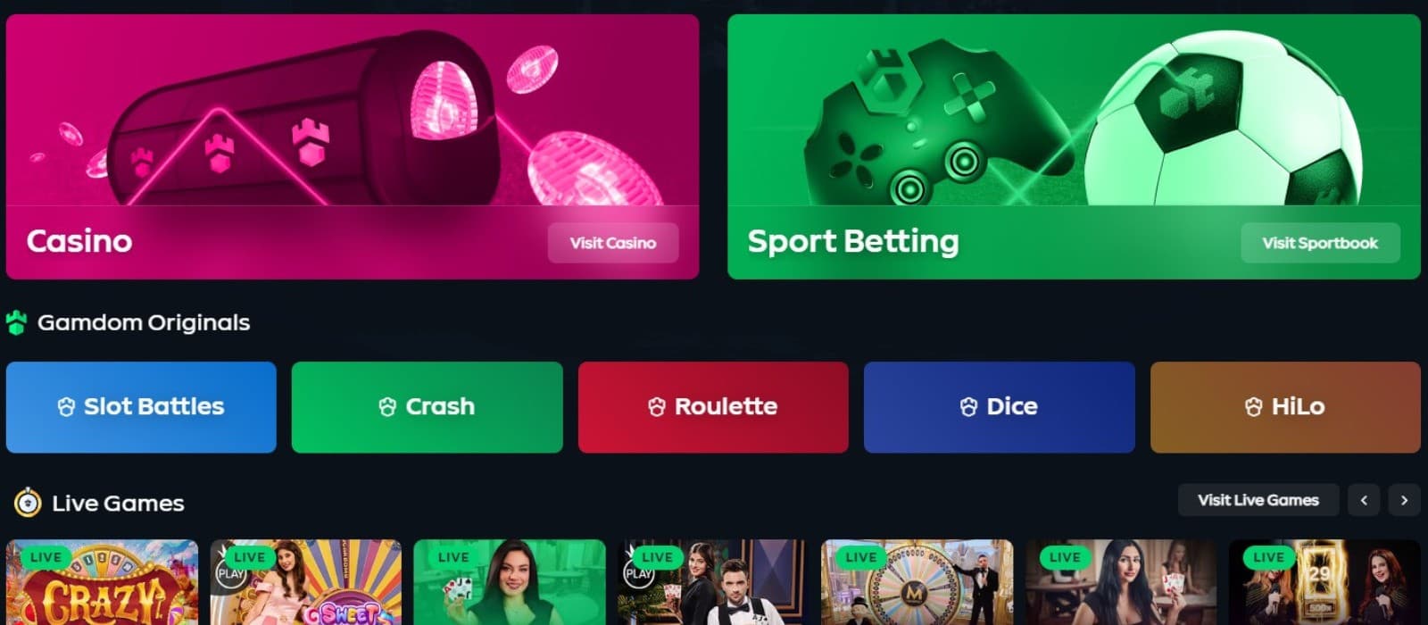 The landing page of Gamdom Casino showcases the games within the casino and sports betting sections.