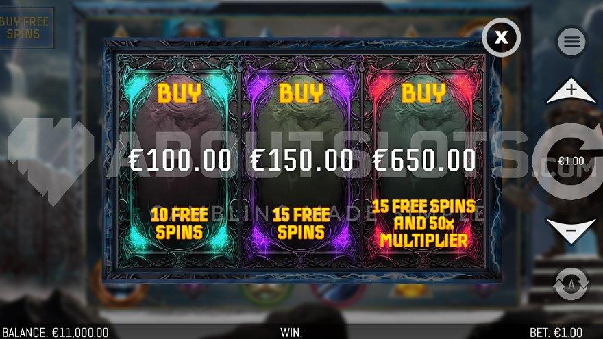 A menu offering Free Spins from 100X to 650X the bet.