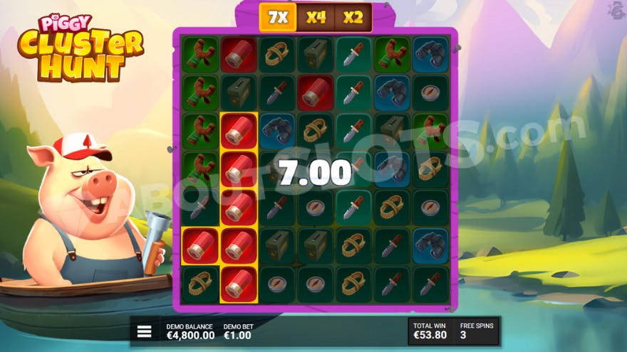 Free Spins bonus game where you can see three multipliers above the reels showing 7X, 4X, and 2X.