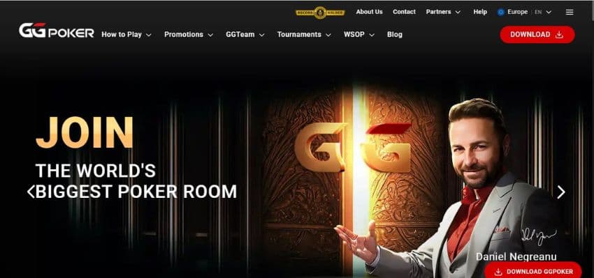 GGPoker Casino's homepage, showing Daniel Negreanu, one of the casino's ambassadors.