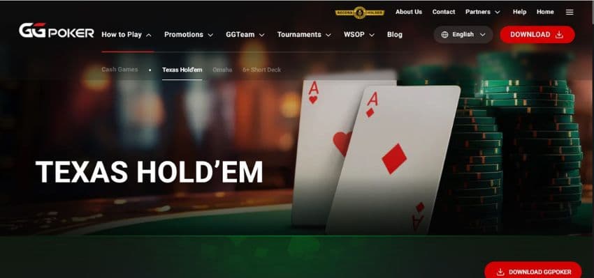 GGPoker Casino's Cash Games page, showing Texas Hold'em gaming option.