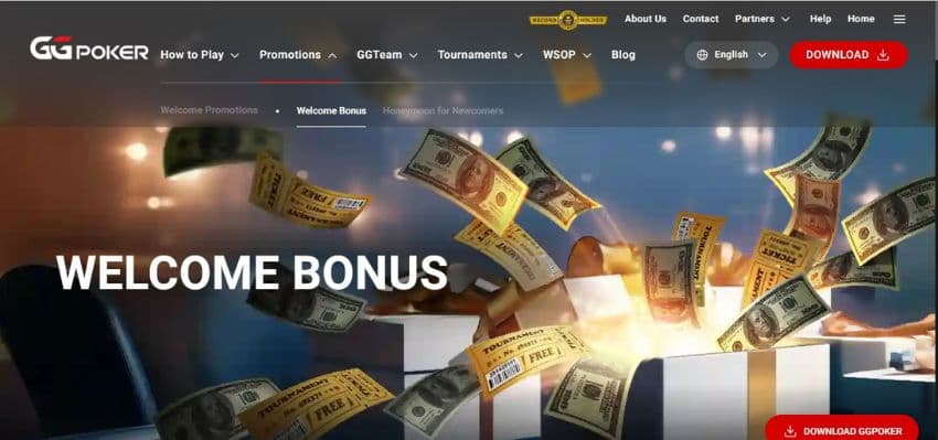 GGPoker Casino's welcome bonus page, showing an open box of cash.