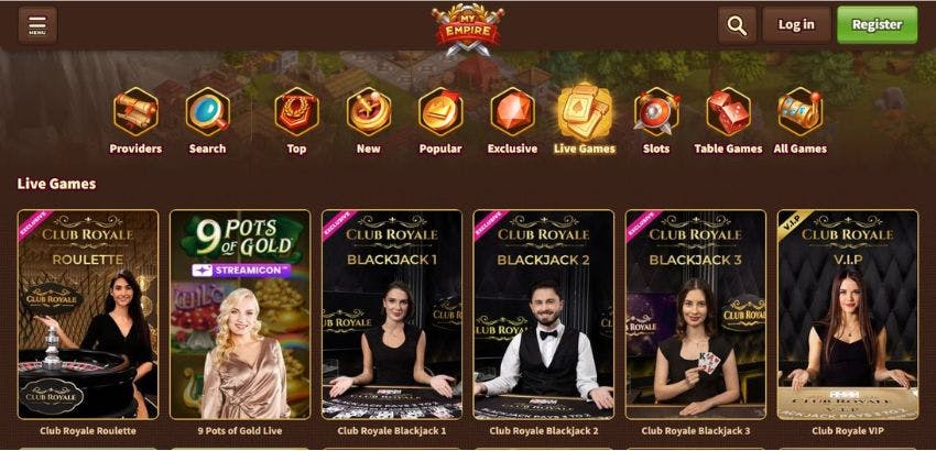 live casino page of My Empire casino