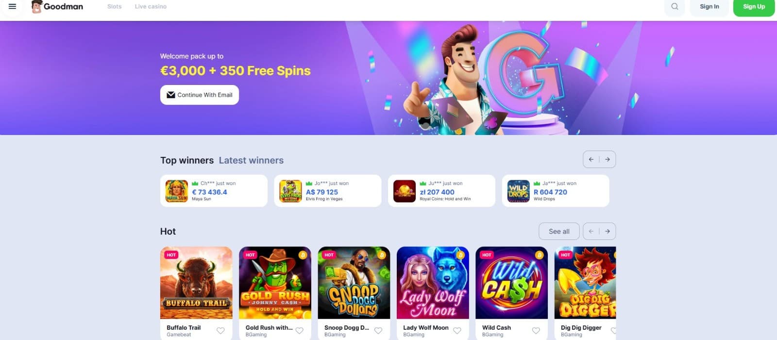 Goodman Casino's homepage, showing the welcome bonus and sidebar menu.