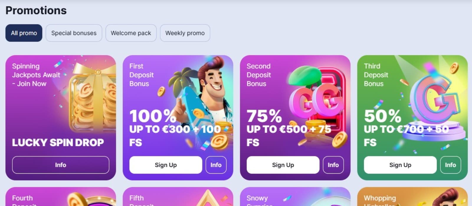 Goodman Casino's promotions page, showing the first and second deposit bonuses plus sidebar menu.