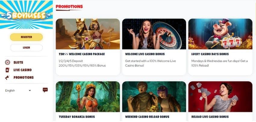 5Bonuses Casino's promotions page, showing the welcome bonus and other bonuses.