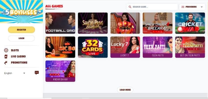 5Bonuses Casino's live games section, showing variations of blackjack and baccarat.