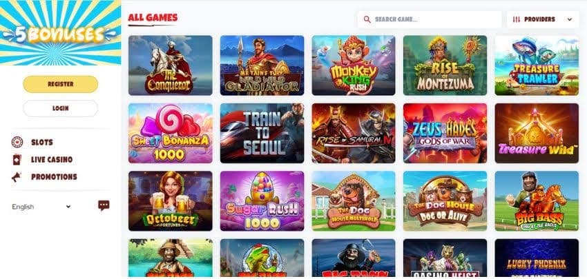 5Bonuses Casino's slot games category, showing titles like Sweet Bonanza 1000 and other games.