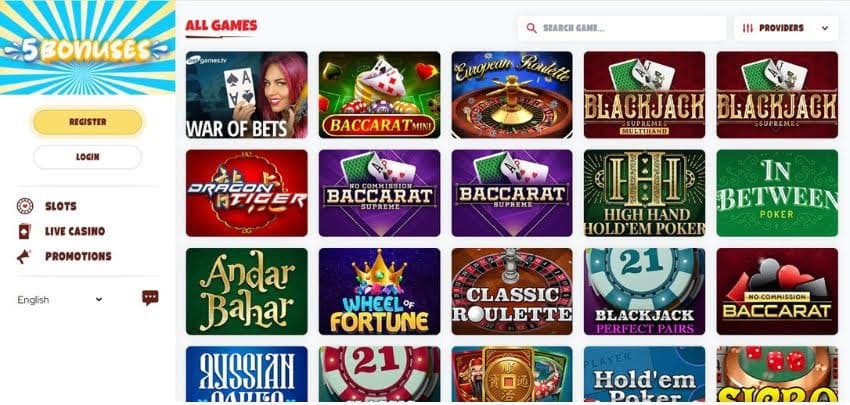 5Bonuses Casino's table games category, showing variations of baccarat and blackjack.