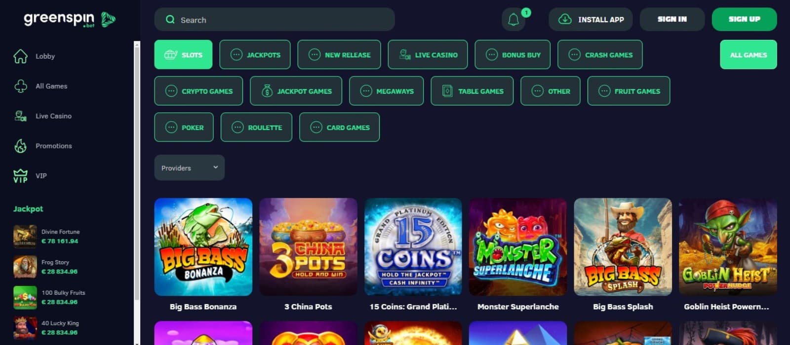 GreenSpin Casino's slot games category, showing titles like Big Bass Bonanza and other impressive games.