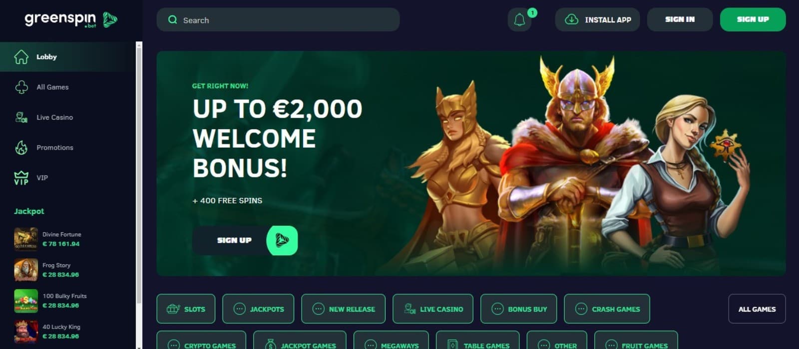 GreenSpin Casino's homepage, showing the welcome bonus package and sidebar menu.