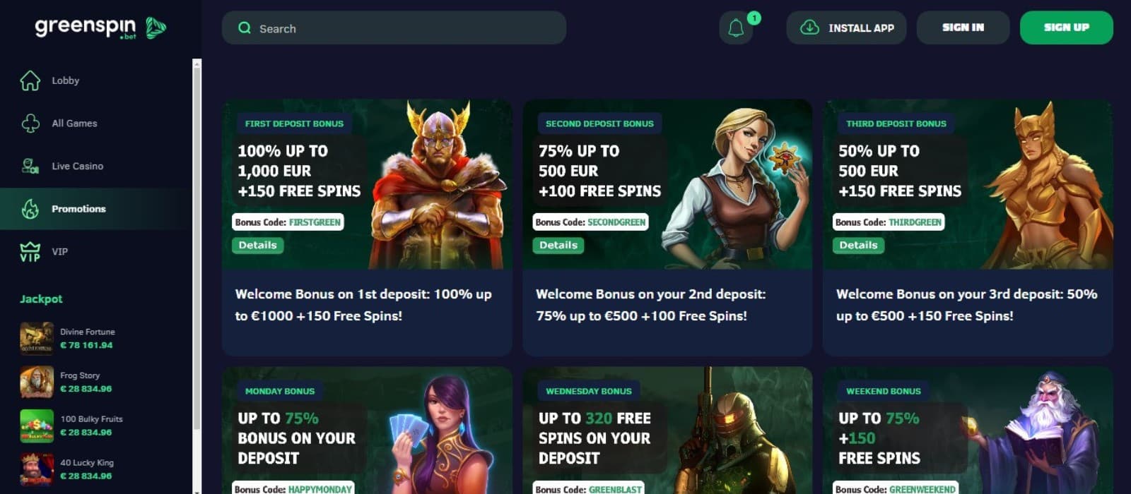 GreenSpin Casino's promotions page, showing the welcome bonuses and other offers.