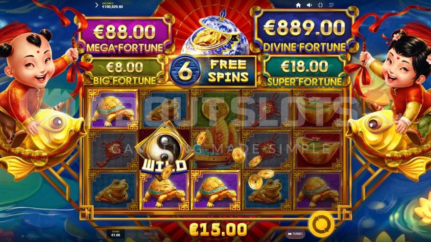 Free Spins feature with one wild symbol on the second reel.