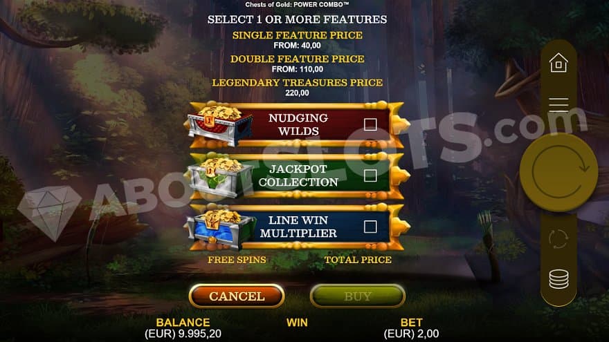 A menu letting the player choose between Nudging Wilds, Jackpot Collection, and Line Win Multiplier.