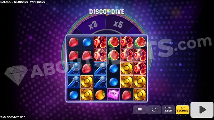 A casino slot with six reels in a disco. 