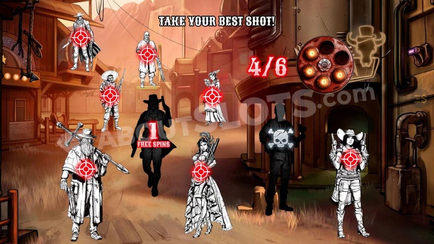 Shoot for free spins with four remaining bullets.
