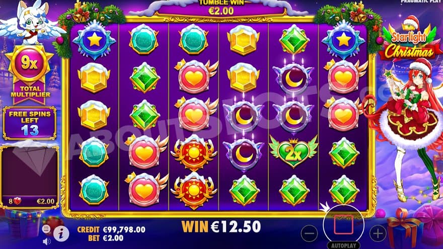 A winning combination in the free spins with a 9X multiplier, paying a total of 12.50.