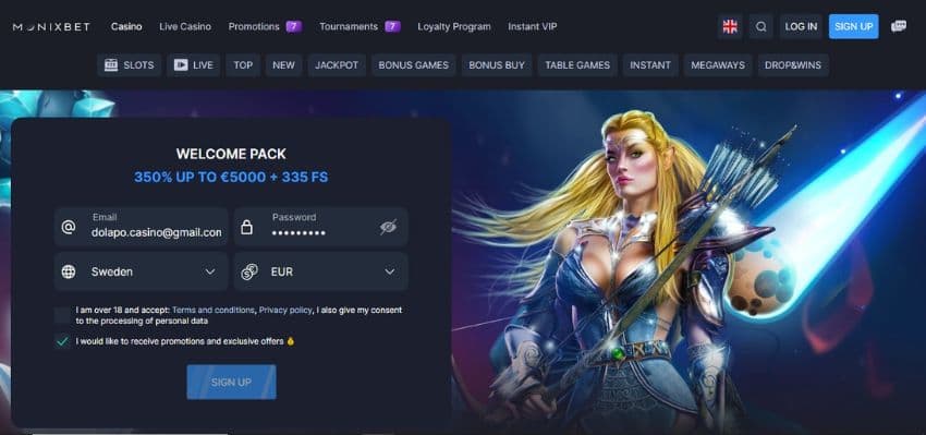 Monixbet Casino’s landing page, showing a game avatar and sign-up form topped by the welcome bonus of 350% up to €5,000 plus 335 free spins