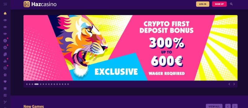 Main page for Haz Casino with a big image of the welcome offer.