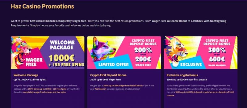 The promotion page for Haz Casino with three offers on display.