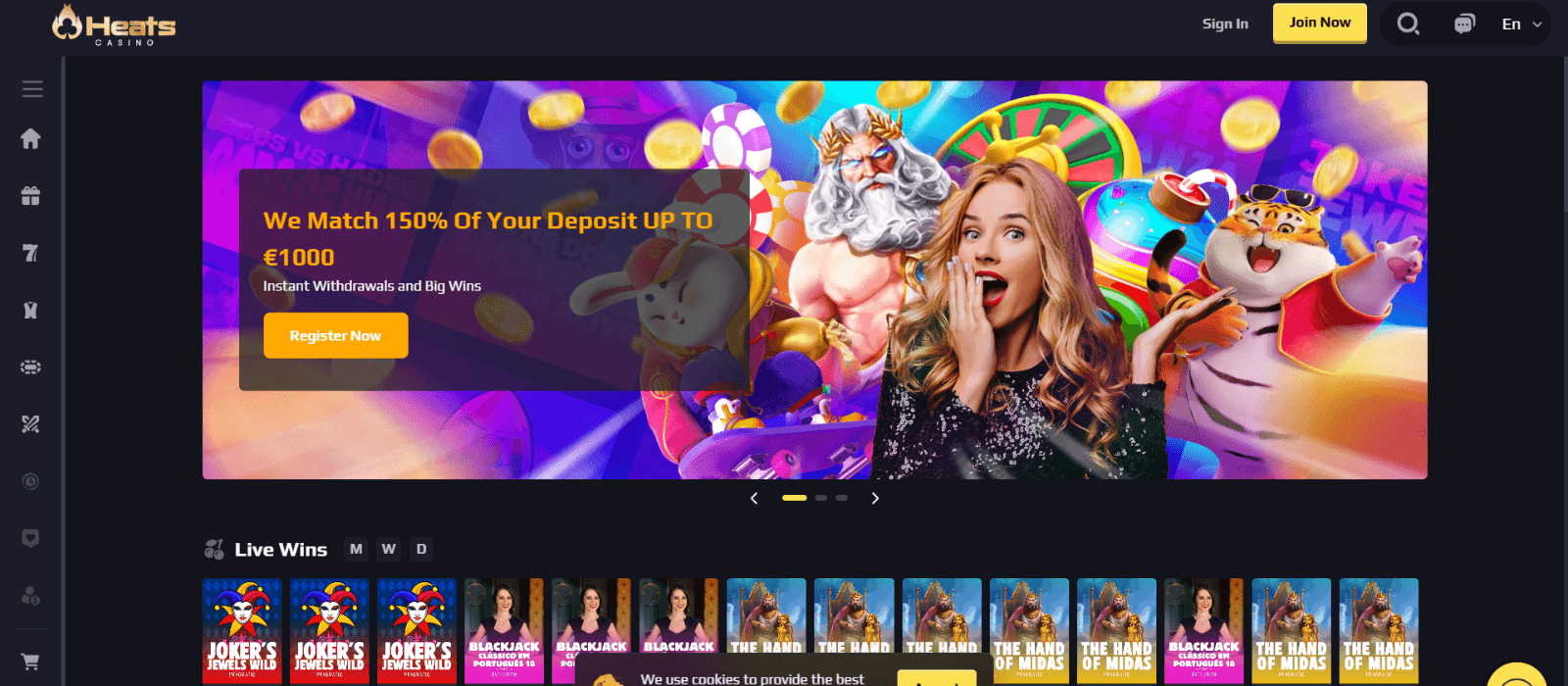 The landing page at Heats Casino shows a colorful image of a girl surrounded by characters from slots.