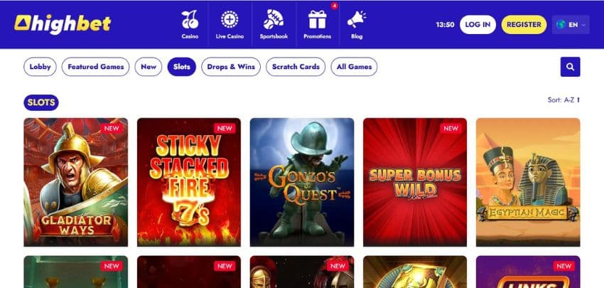 Highbet Casino's slot games section, showing titles such as Gonzo's Quest and other impressive games.