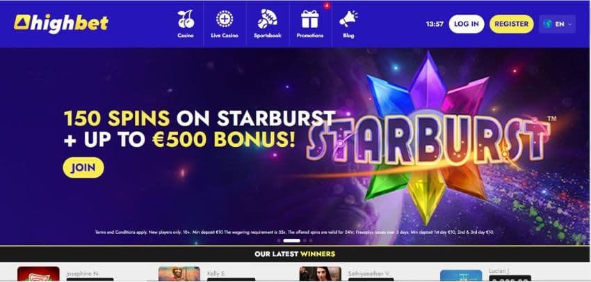 Highbet Casino's homepage, showing the welcome bonus and game tabs.