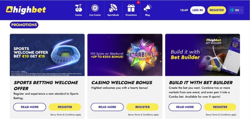 Highbet Casino's promotions page, showing the welcome bonus and other betting promotions.