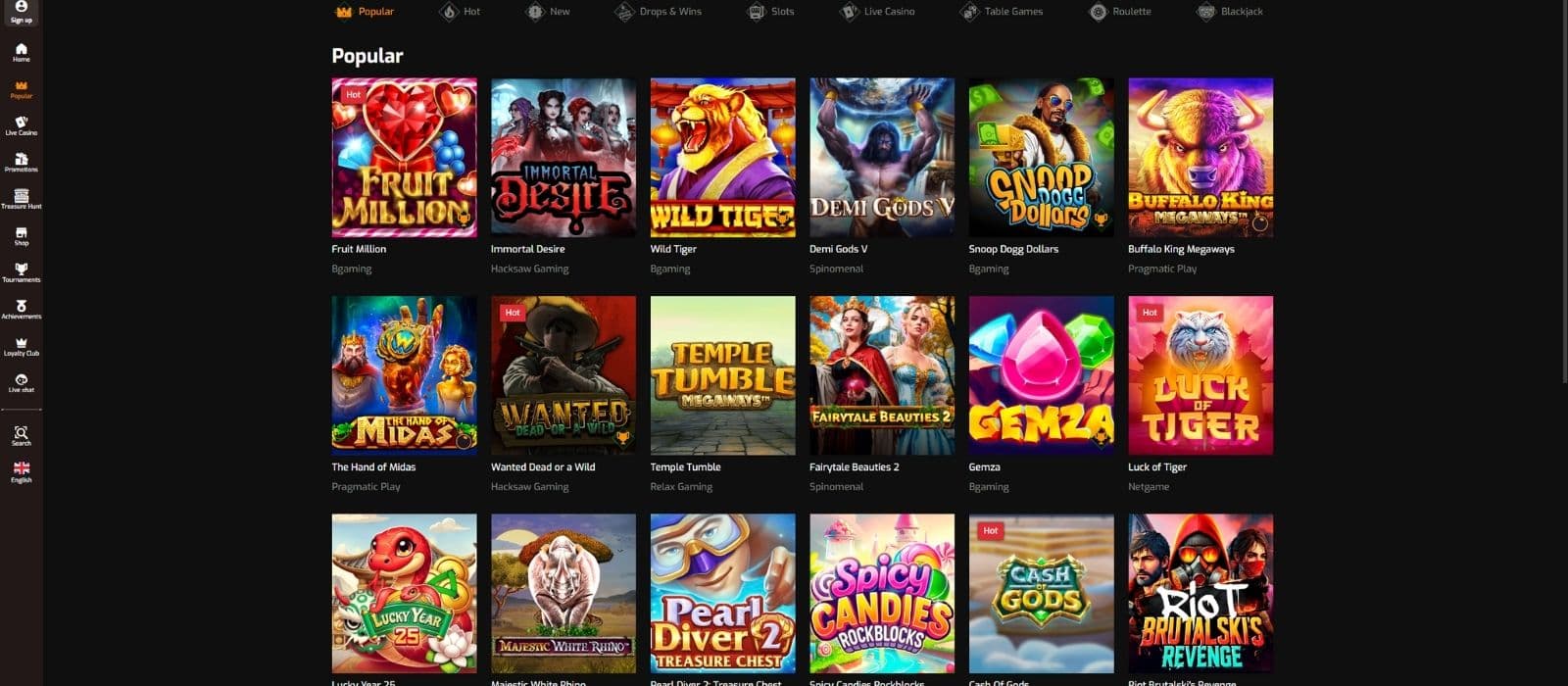 Hugo Casino games page showing a selection of popular slot games and the main menu to the left. 