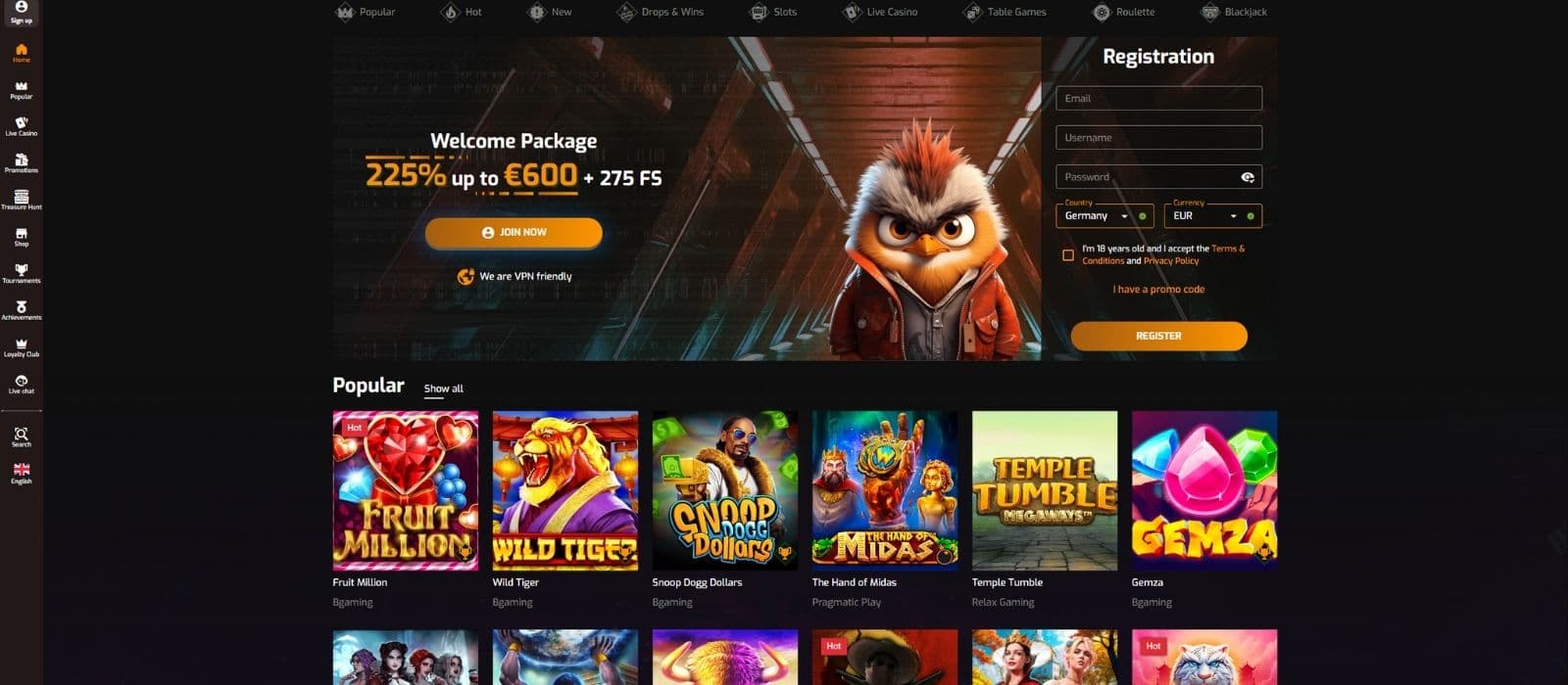 Hugo casino landing page showing popular slots, the left side main menu and the registration form for new players