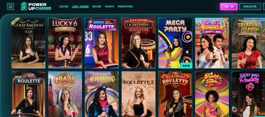 Thumbnails of different live casino games like roulette, mega party and other.
