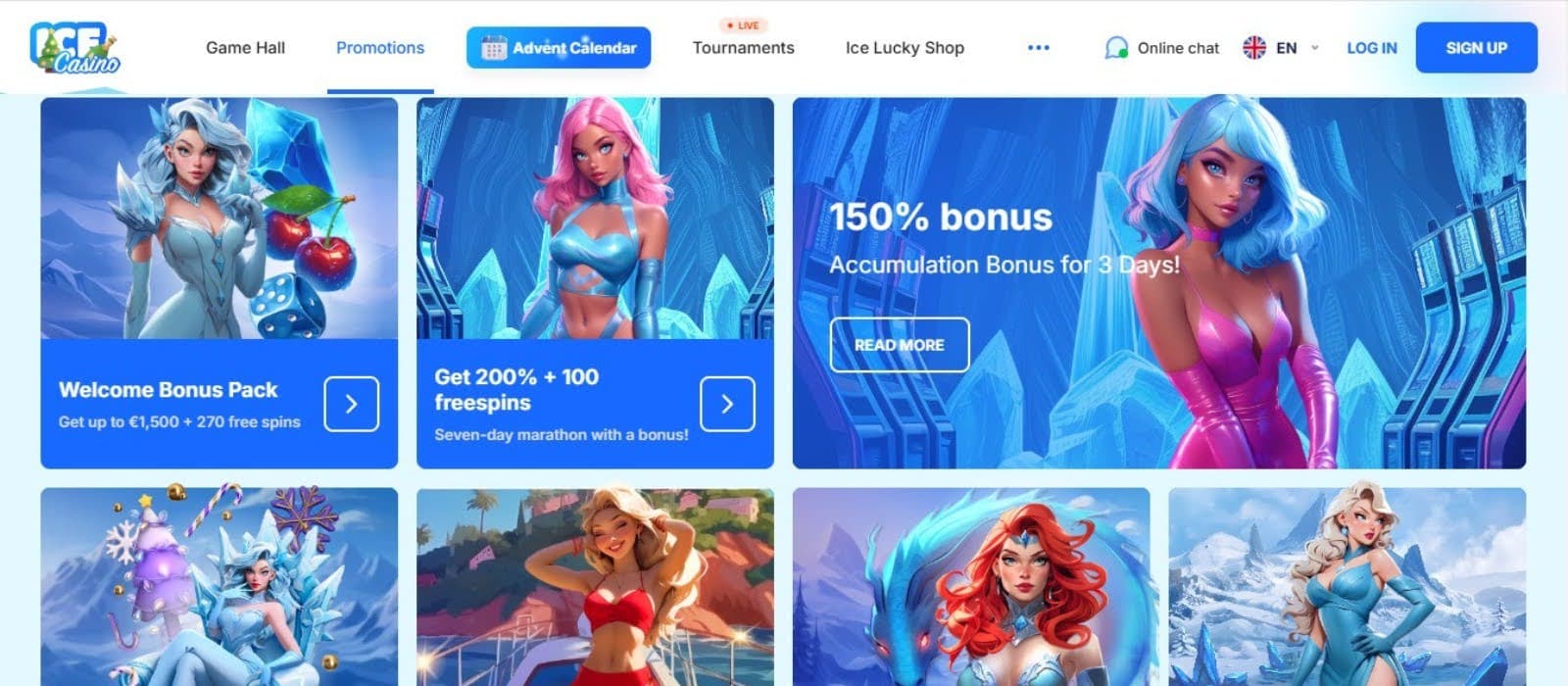 Ice Casino's promotions page, showing the welcome bonus and other reload offers.