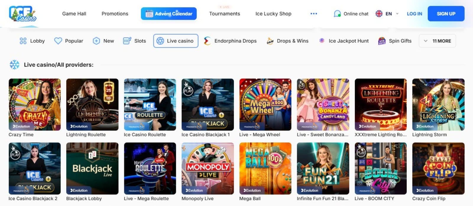 Ice Casino's live games section, showing variations of blackjack and roulette.