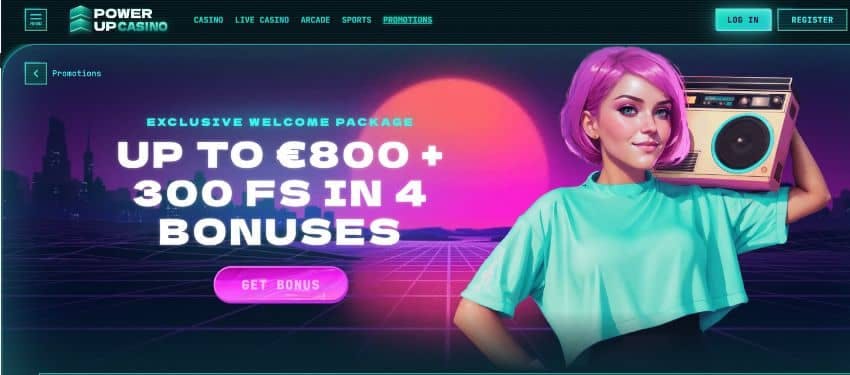 An animated image of a lady holding a radio on her shoulder, standing beside the text of an exclusive welcome bonus at Powerup casino