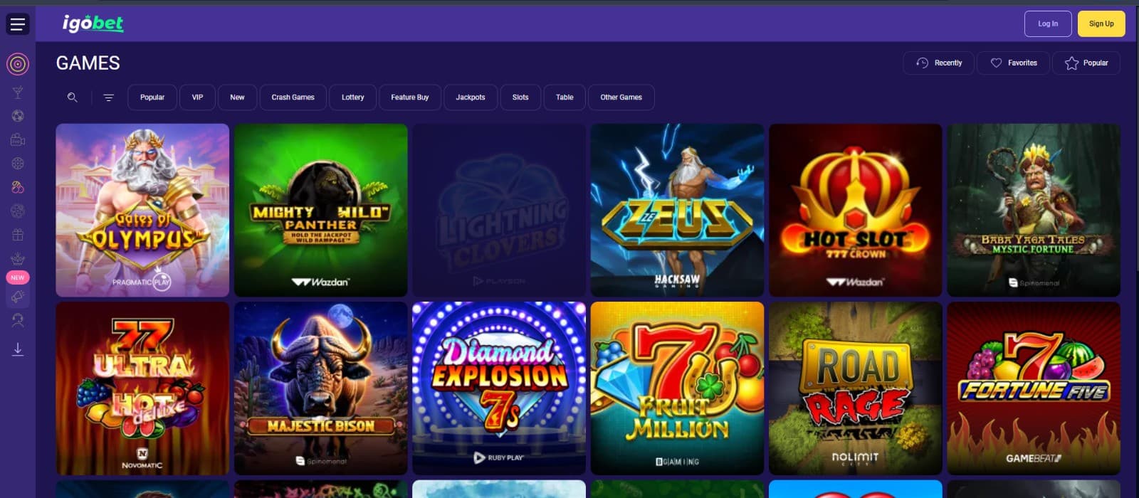 Alt text: IgoBet Casino games page featuring popular slot titles