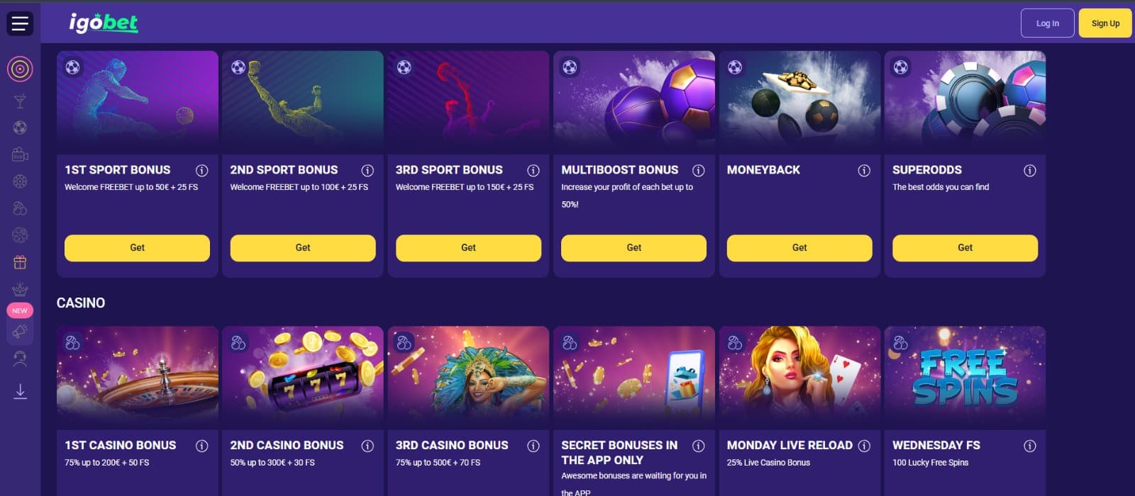 Alt text: IgoBet Casino promotions page featuring welcome, reload bonuses and free spins