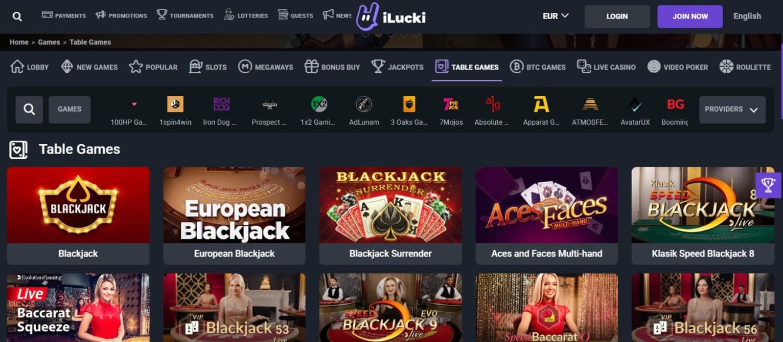 iLucki Casino's table games category, showing variations of blackjack and baccarat.