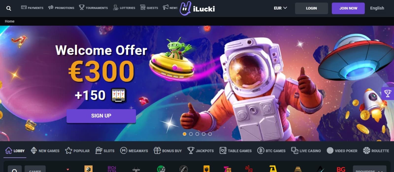 iLucki Casino's homepage, showing the welcome bonus and an overhead menu.