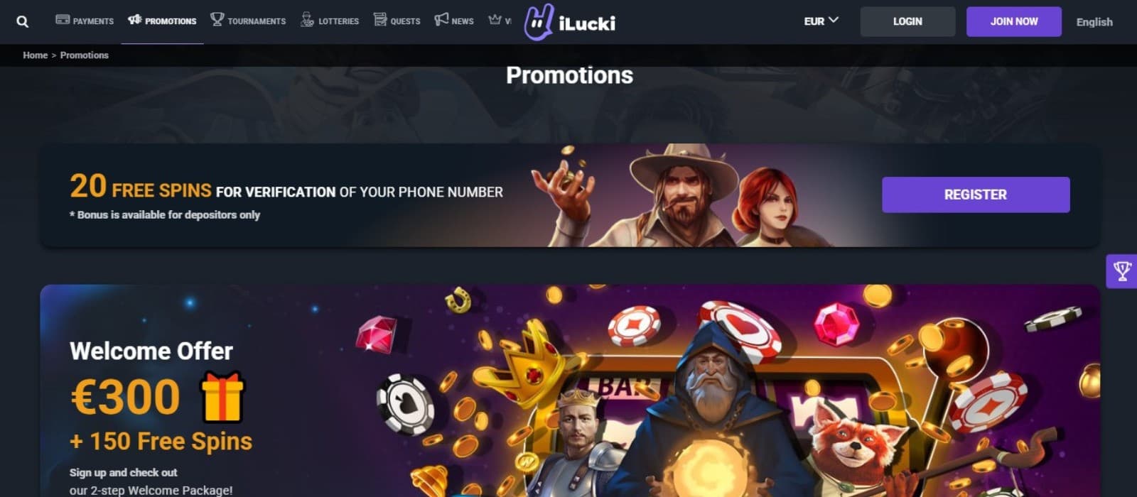 iLucki Casino's promotions page, showing the welcome bonus worth up to €300 plus 150 free spins.