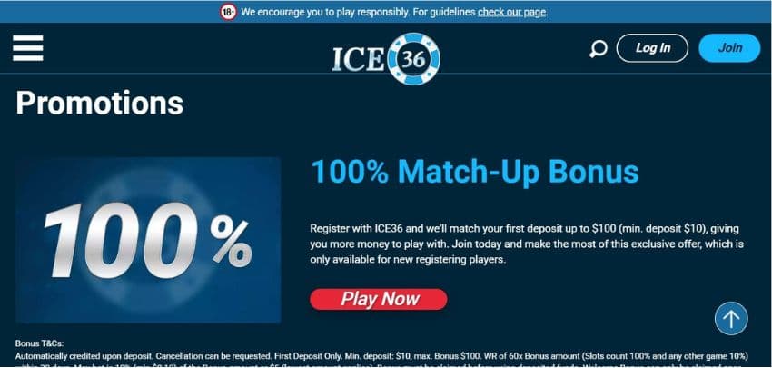 Ice36 Casino's promotions page, showing the welcome matchup offer worth 100% bonus up to €100.