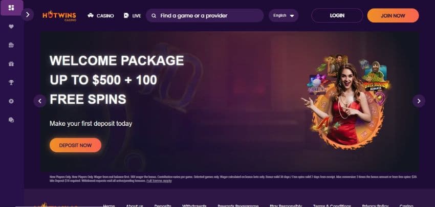 HotWins Casino's homepage, showing the welcome bonus offer flanked by game avatars.