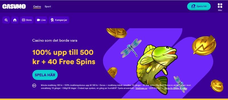 A blue background with a menu on the left top and a welcome offer of 100% up to 500 sek + 40 free spins.