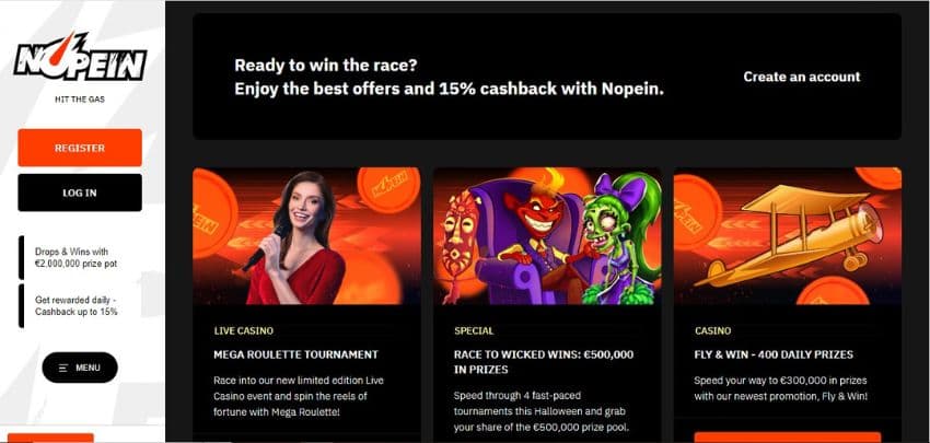 Nopein Casino's promotions page, showing the live casino roulette tournament.