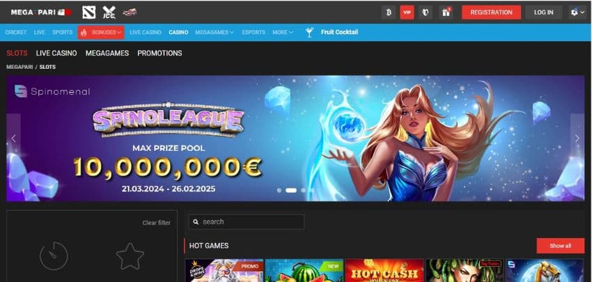 Megapari Casino's homepage showcases the Spinoleague tournament with €10,000,000 prize pool.