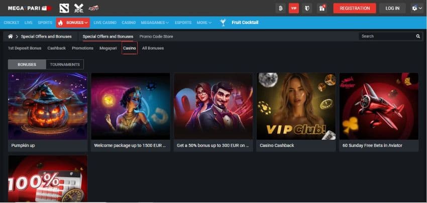 Megapari Casino's promotions page, showing offers such as the welcome bonus and other promos.