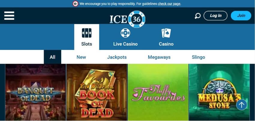 Ice36 Casino's slot games category, showing titles such as Book of Dead and other games.