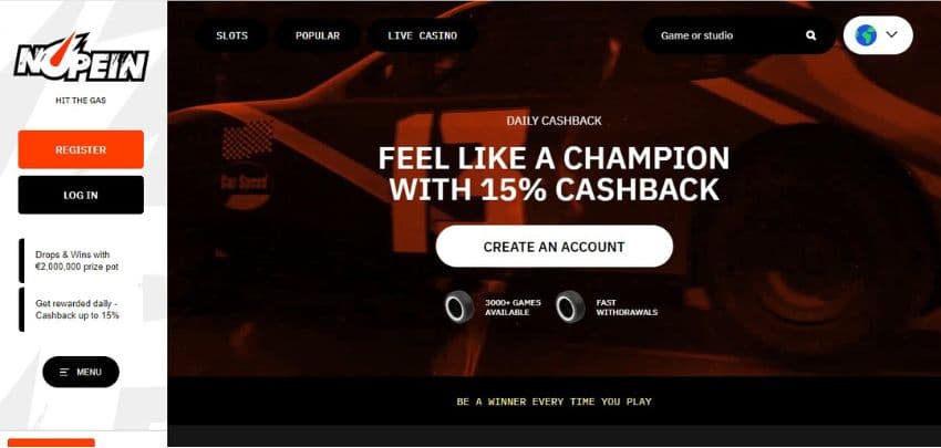 Nopein Casino's homepage, showing the daily cashback of up to 15%