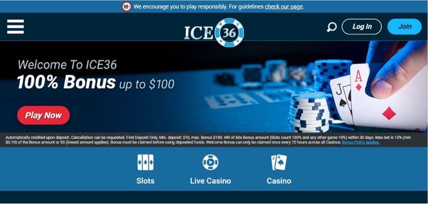 Ice36 Casino's homepage showing the welcome bonus and tabs to the slots, live casino, and casino sections 