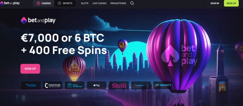 The main page for Betandplay with an air ballon to the right and a welcome bonus on the left